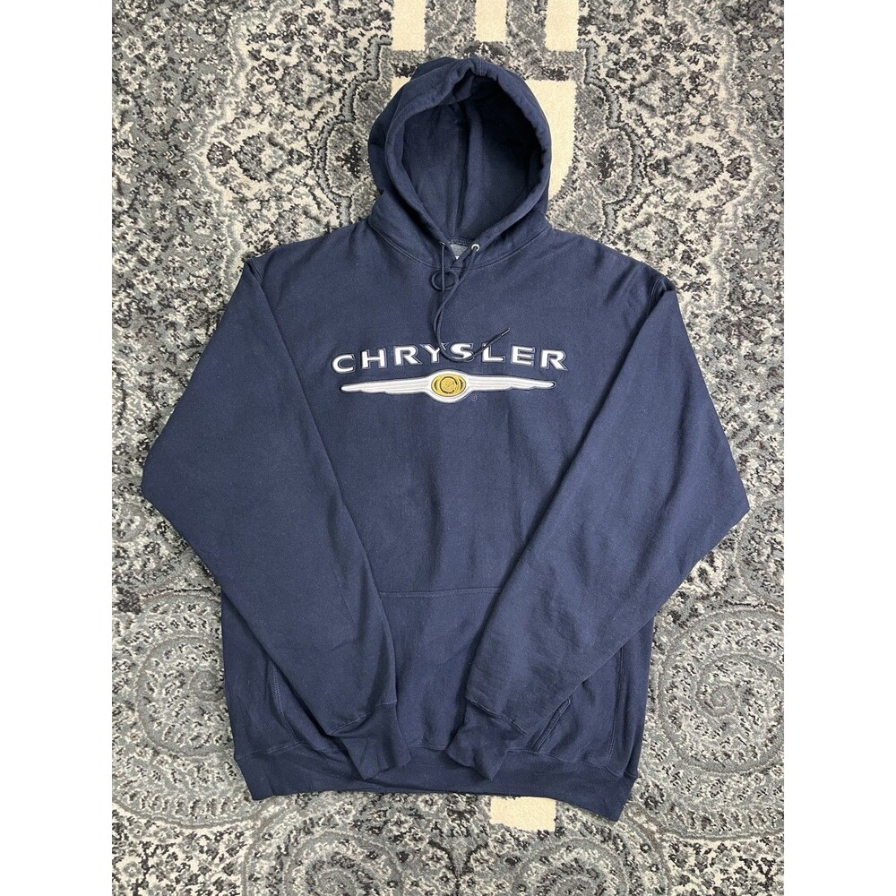 VTG Chrysler Logo Embroidered Spell Out Heavyweight Hoodie Navy Blue Size XL